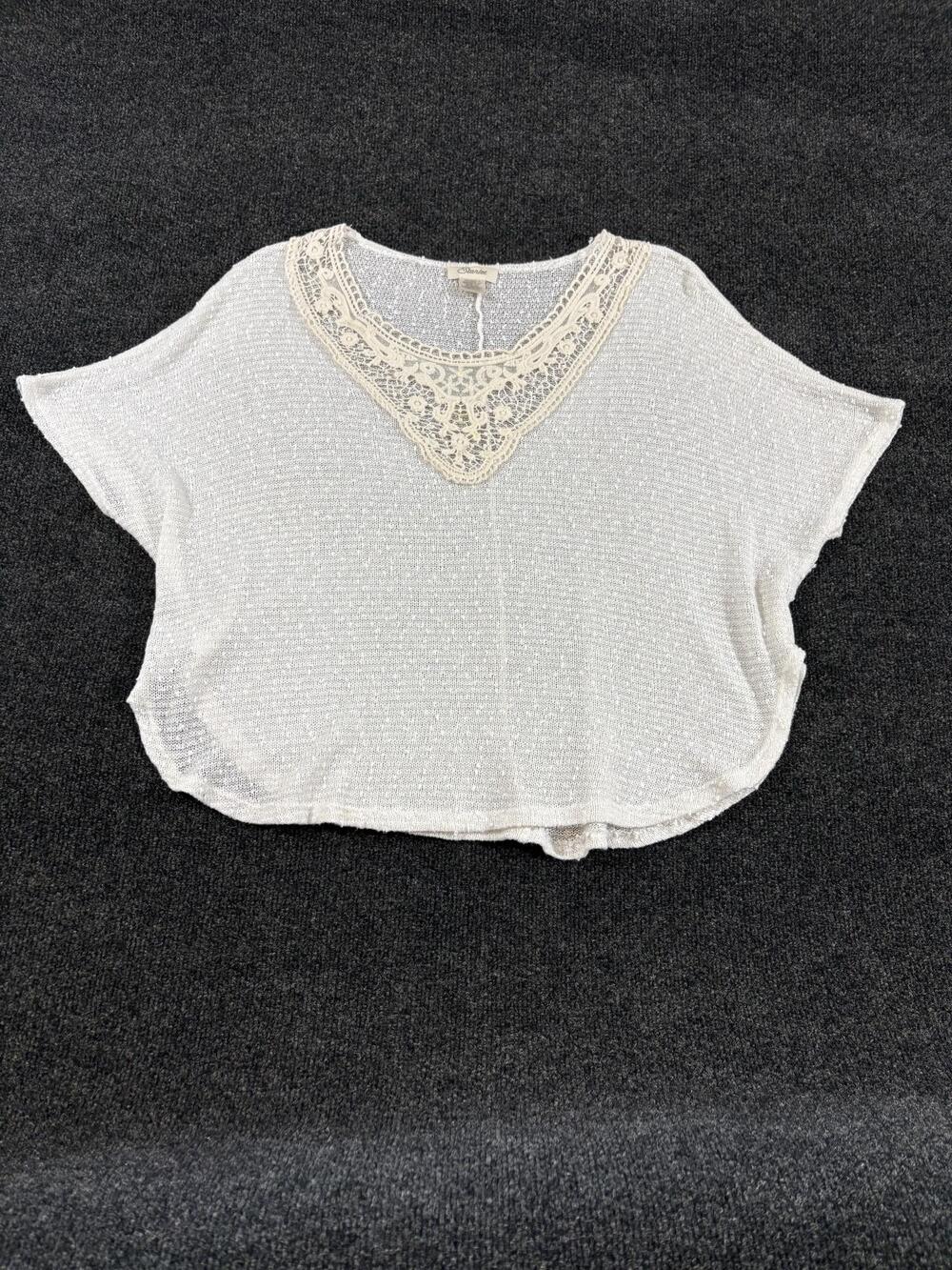 Starlet Sweater Womens S/M White Lace V Neck Short Sleeve Sheer Knit Pullover